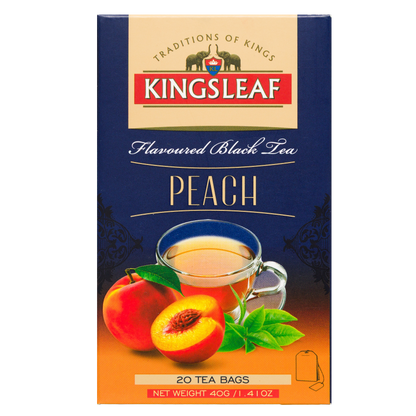 Herbata Kingsleaf Peach w saszetkach, opakowanie z informacjami produktowymi i grafiką brzoskwiń.