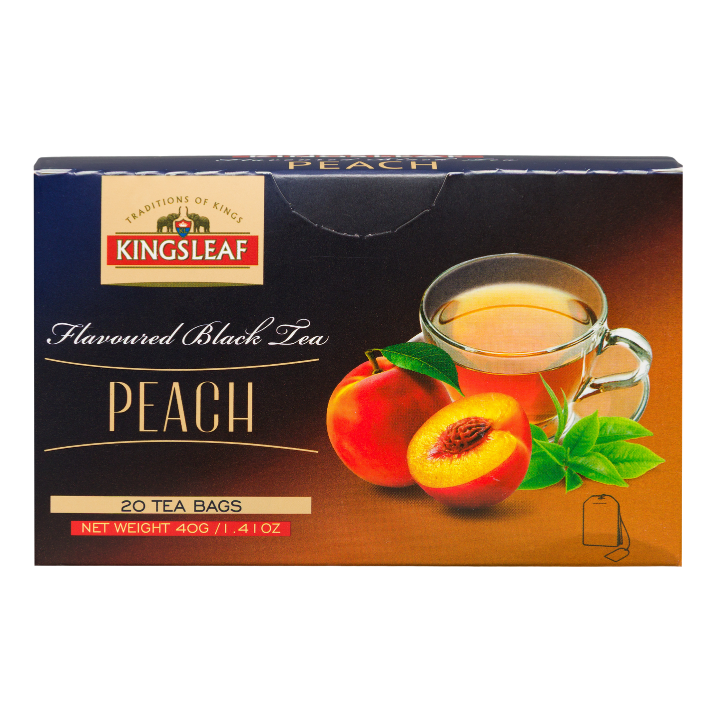 Herbata czarna Kingsleaf Peach 20 x 2 g w granatowo pomarańczowym opakowaniu z grafiką brzoskwini i filiżanki herbaty.