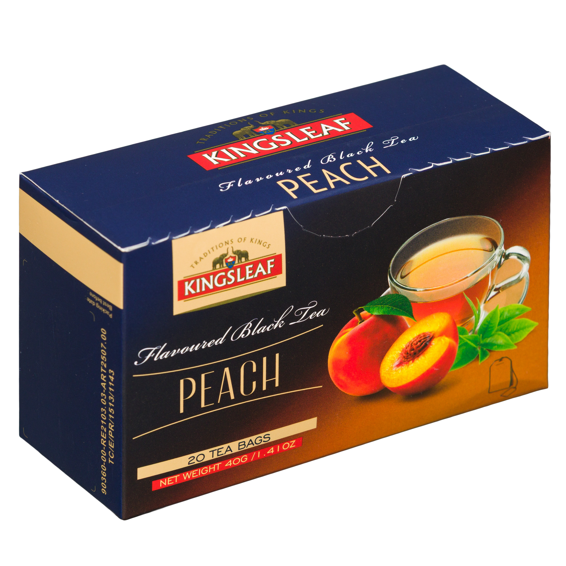 Kingsleaf Peach czarna herbata w saszetkach z aromatem brzoskwiniowym, widok opakowania pod kątem