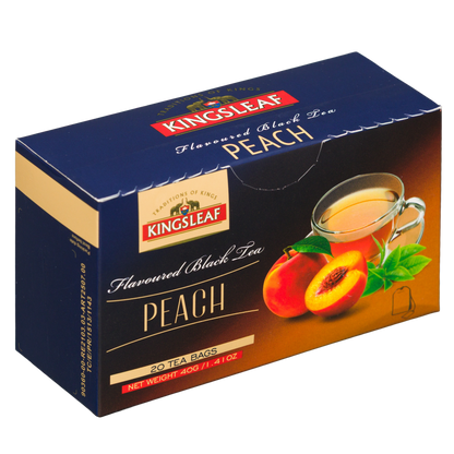 Kingsleaf Peach czarna herbata w saszetkach z aromatem brzoskwiniowym, widok opakowania pod kątem