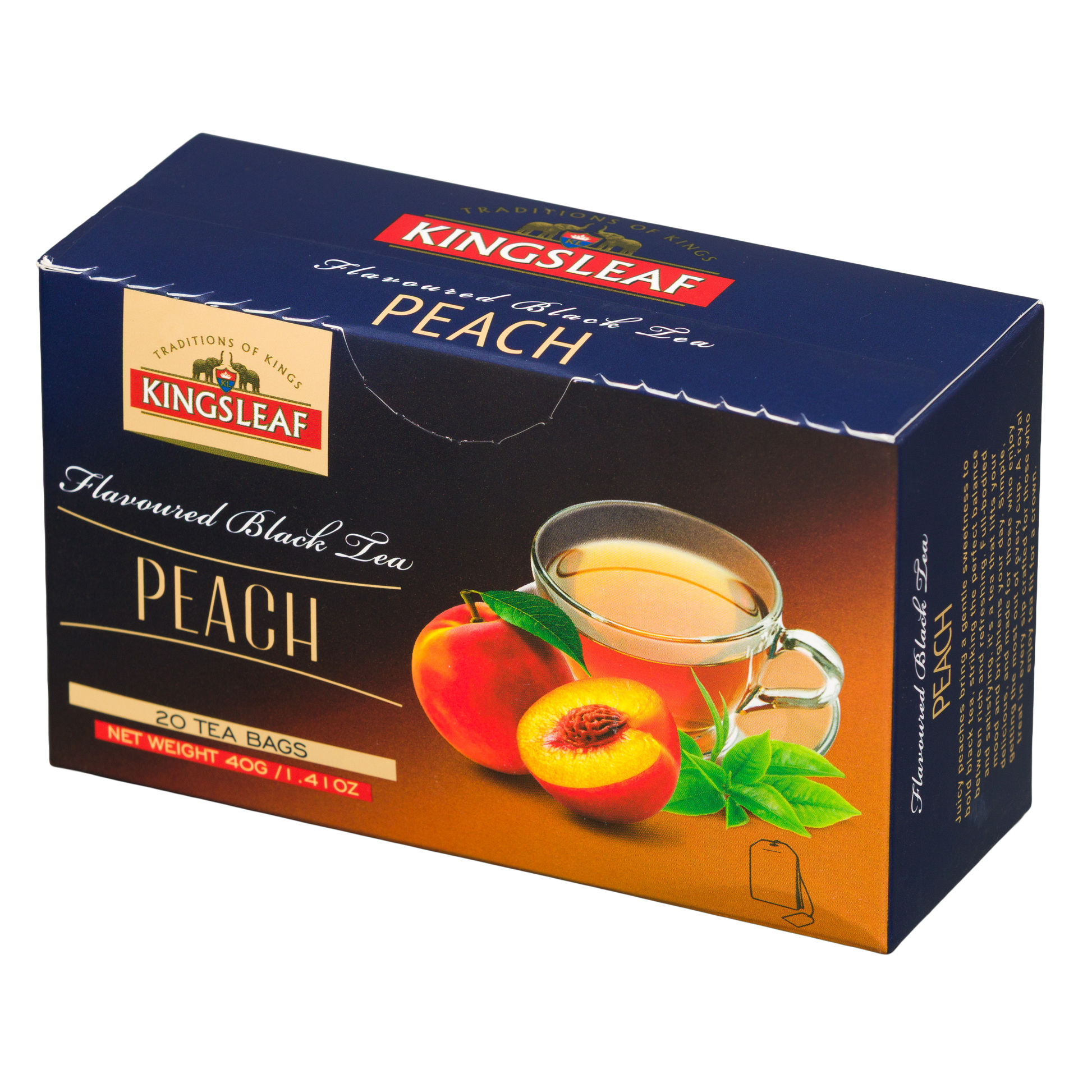Opakowanie Kingsleaf Peach z przodu, herbata smakowa z soczystym aromatem brzoskwini.