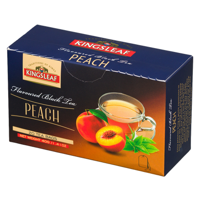 Opakowanie Kingsleaf Peach z przodu, herbata smakowa z soczystym aromatem brzoskwini.
