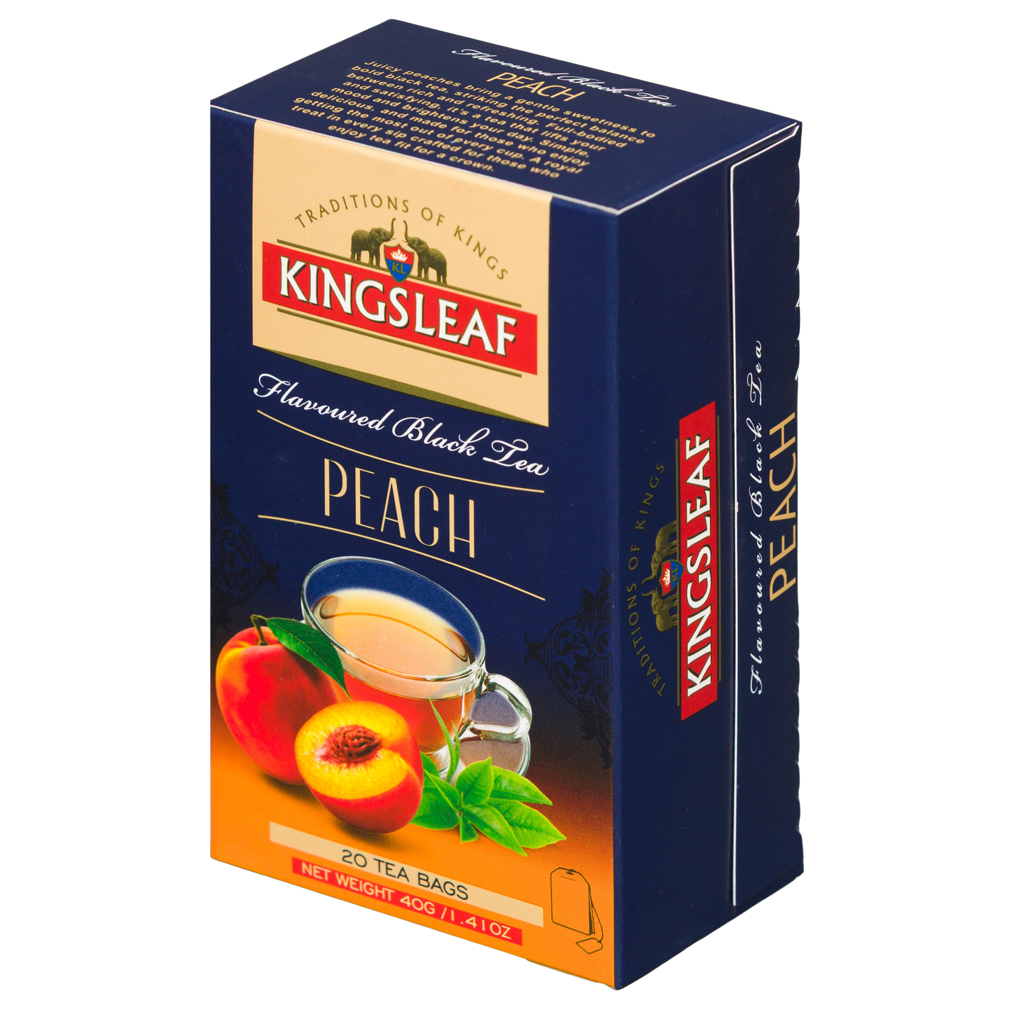 Czarna herbata Kingsleaf Peach 20 saszetek w eleganckim kartoniku premium z owocową grafiką.