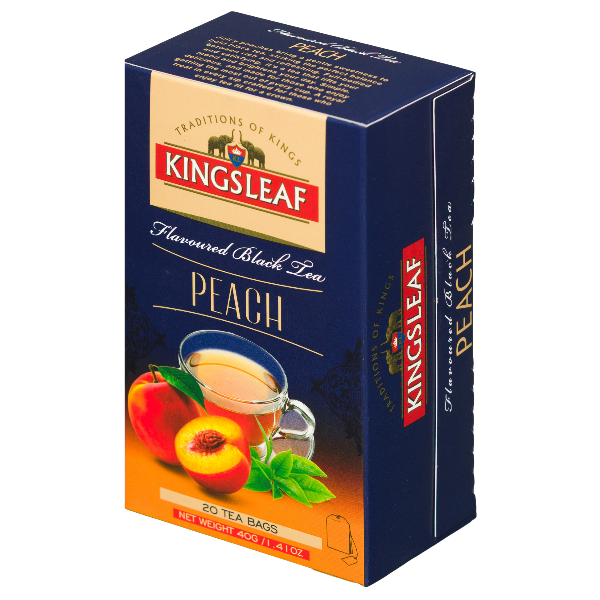 Czarna herbata Kingsleaf Peach 20 saszetek w eleganckim kartoniku premium z owocową grafiką.