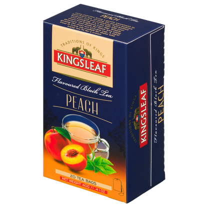 Czarna herbata Kingsleaf Peach 20 saszetek w eleganckim kartoniku premium z owocową grafiką.