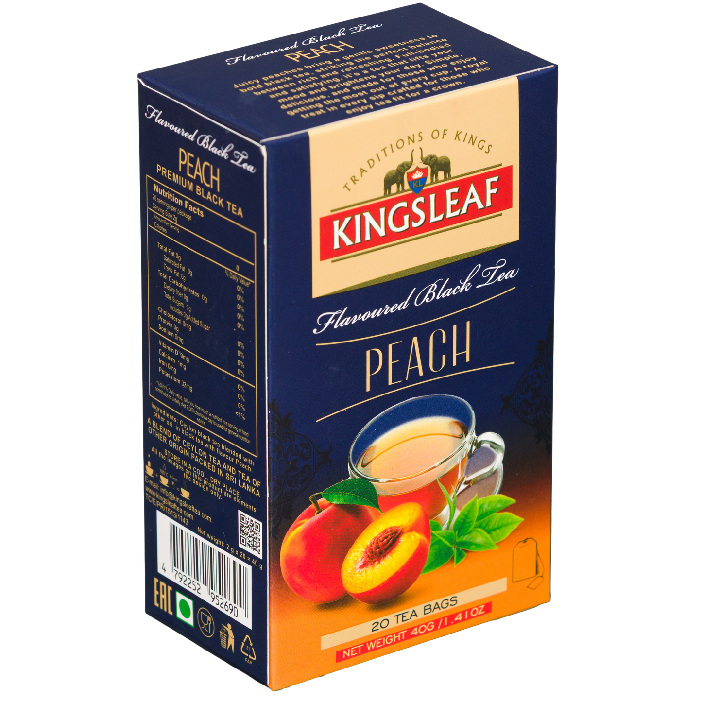 Kingsleaf Peach herbata czarna aromatyzowana brzoskwinią, widok boczny opakowania z logo marki.