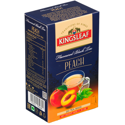 Kingsleaf Peach herbata czarna aromatyzowana brzoskwinią, widok boczny opakowania z logo marki.