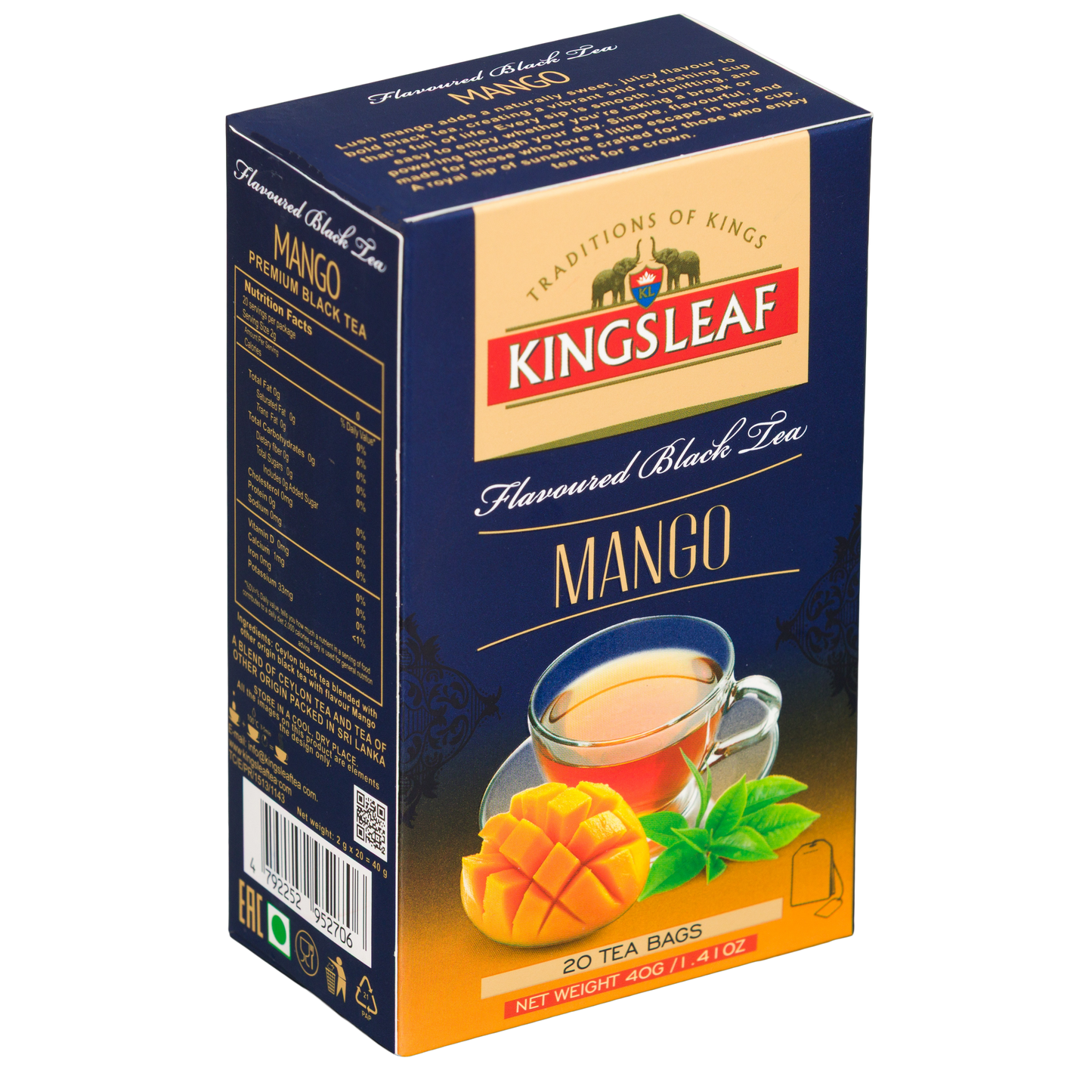 Herbata Kingsleaf Mango w saszetkach, opakowanie z informacjami produktowymi i grafiką mango.