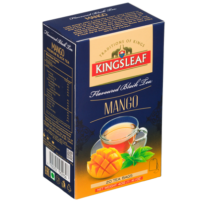 Herbata Kingsleaf Mango w saszetkach, opakowanie z informacjami produktowymi i grafiką mango.