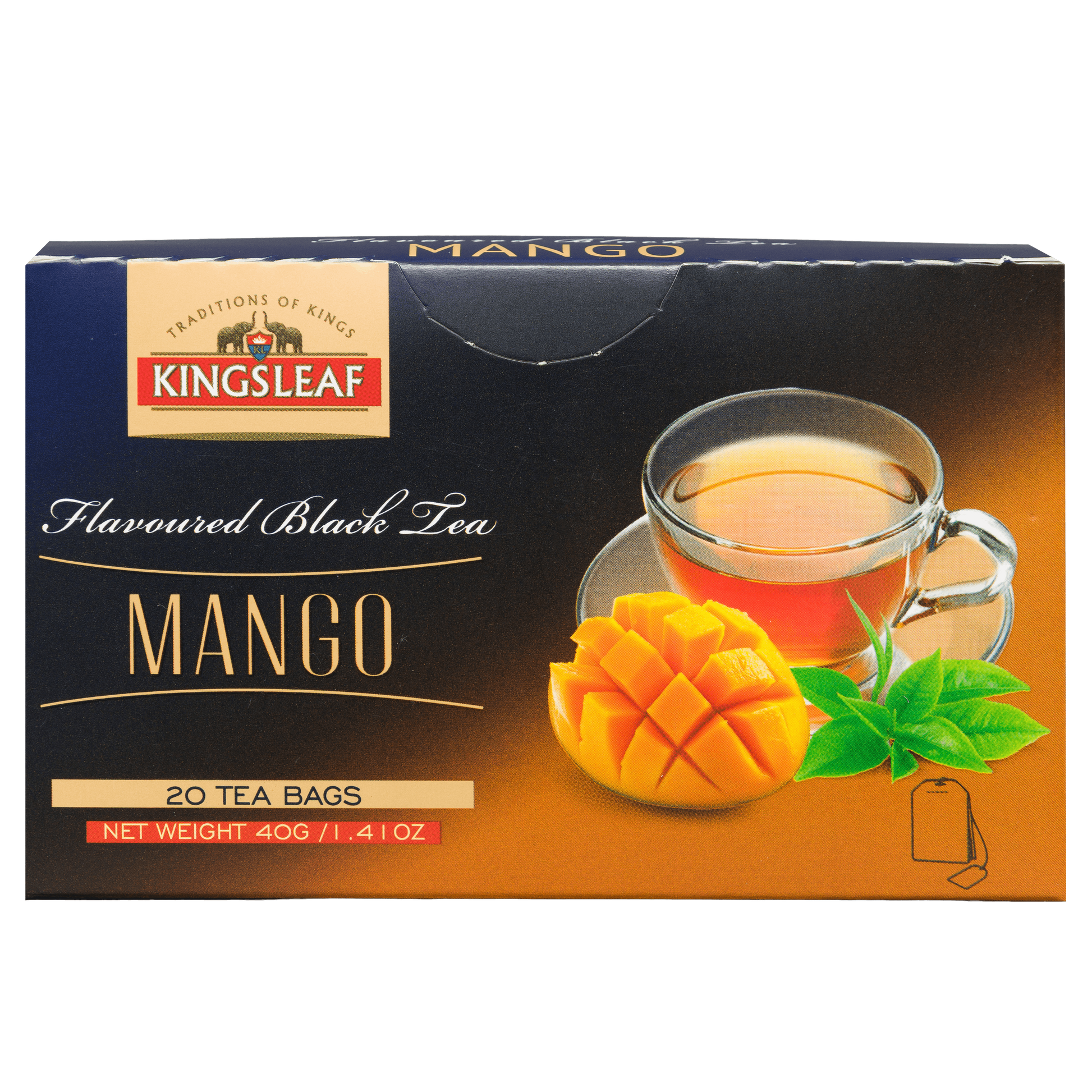Herbata czarna Kingsleaf Mango 20 x 2 g w granatowo pomarańczowym opakowaniu z grafiką mango i filiżanki.