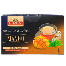 Herbata czarna Kingsleaf Mango 20 x 2 g w granatowo pomarańczowym opakowaniu z grafiką mango i filiżanki.