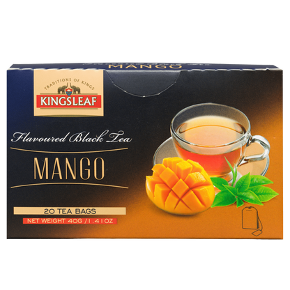 Herbata czarna Kingsleaf Mango 20 x 2 g w granatowo pomarańczowym opakowaniu z grafiką mango i filiżanki.