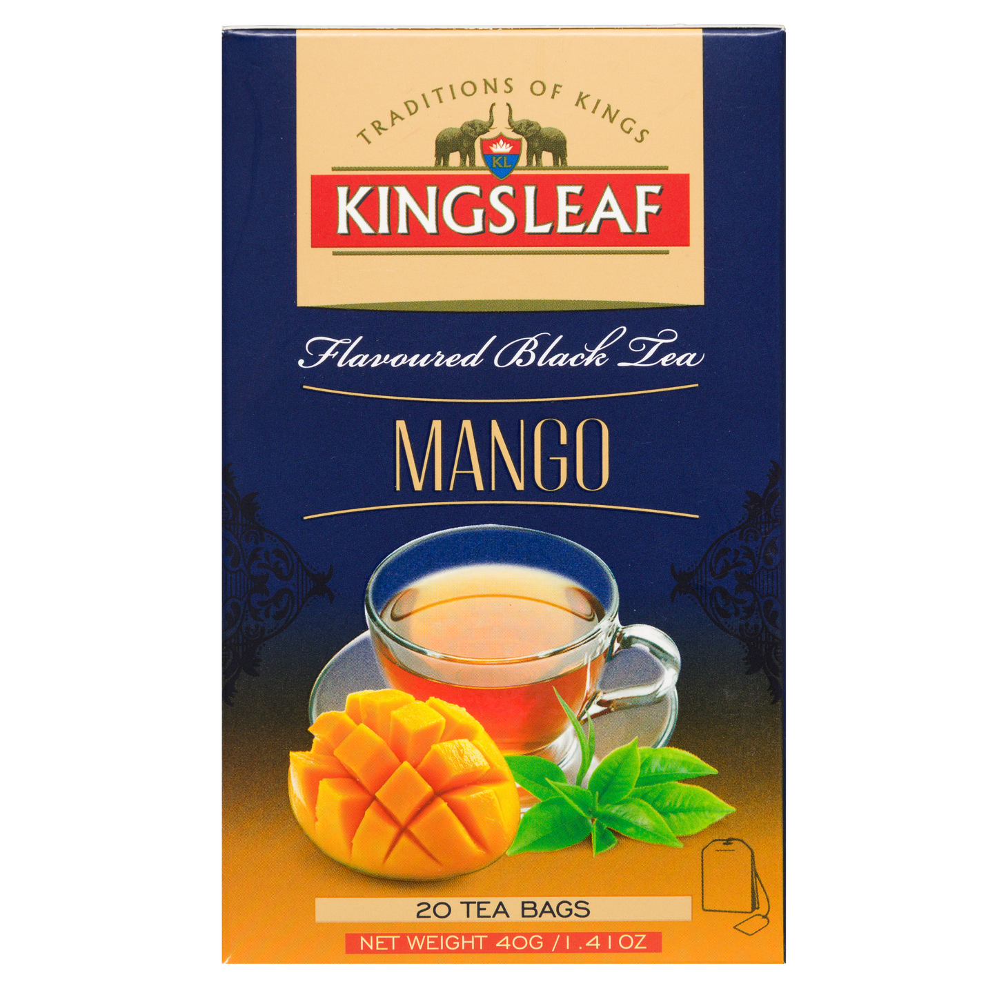 Kingsleaf Mango czarna herbata w saszetkach z aromatem mango, widok opakowania z przodu.