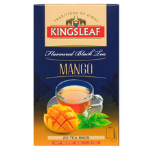 Kingsleaf Mango czarna herbata w saszetkach z aromatem mango, widok opakowania z przodu.