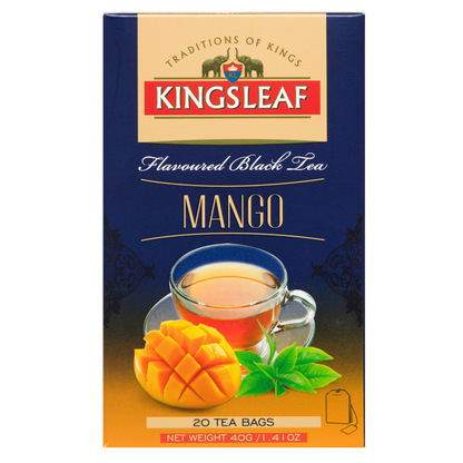 Kingsleaf Mango czarna herbata w saszetkach z aromatem mango, widok opakowania z przodu.