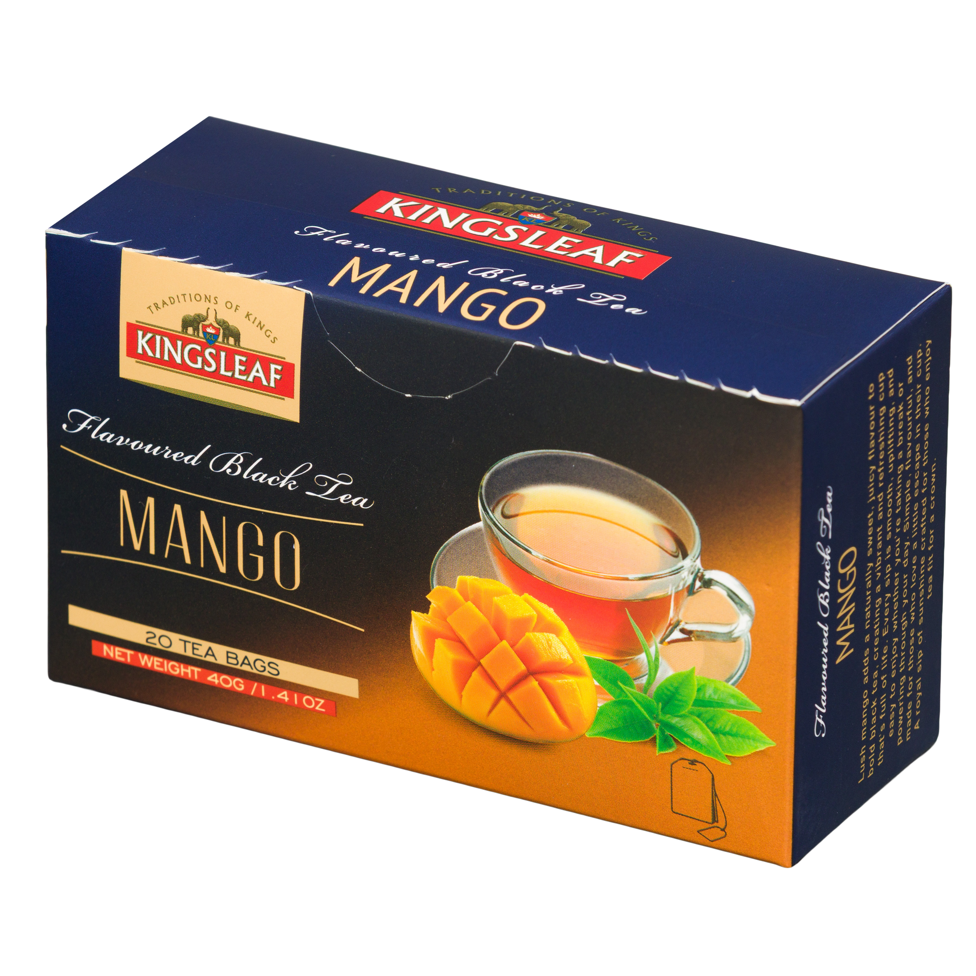 Opakowanie Kingsleaf Mango pod kątem, herbata smakowa z tropikalnym aromatem mango.