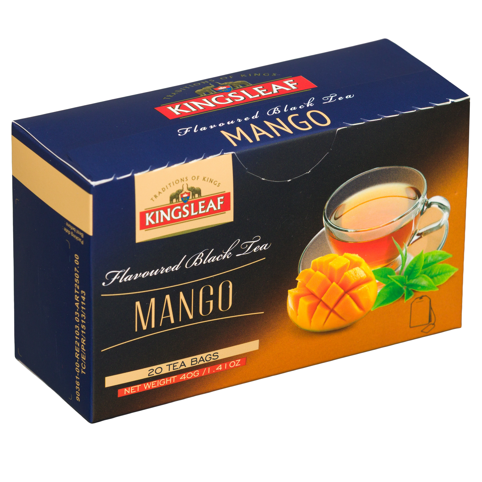 Czarna herbata Kingsleaf Mango 20 saszetek w eleganckim kartoniku premium z owocową grafiką.