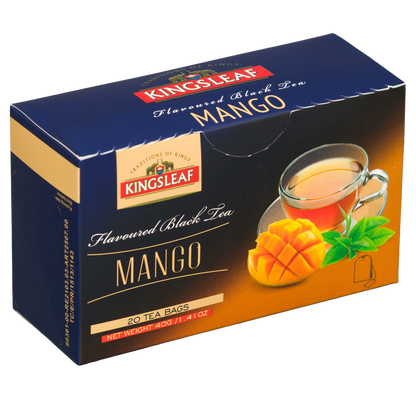 Czarna herbata Kingsleaf Mango 20 saszetek w eleganckim kartoniku premium z owocową grafiką.