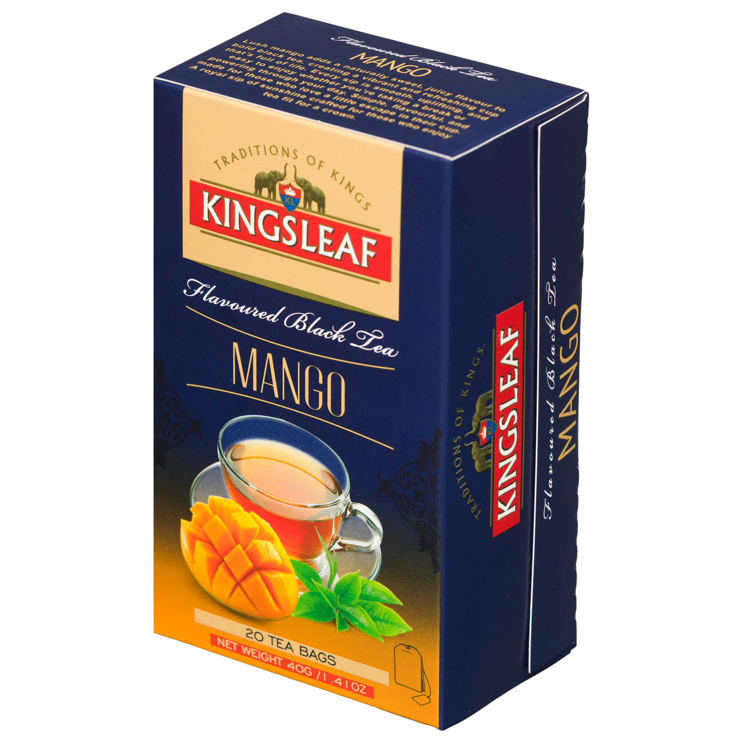 Kingsleaf Mango herbata czarna aromatyzowana mango, widok boczny opakowania z logo marki.