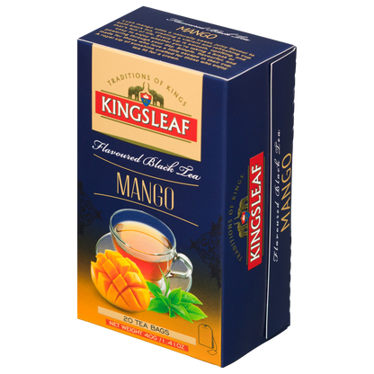 Kingsleaf Mango herbata czarna aromatyzowana mango, widok boczny opakowania z logo marki.