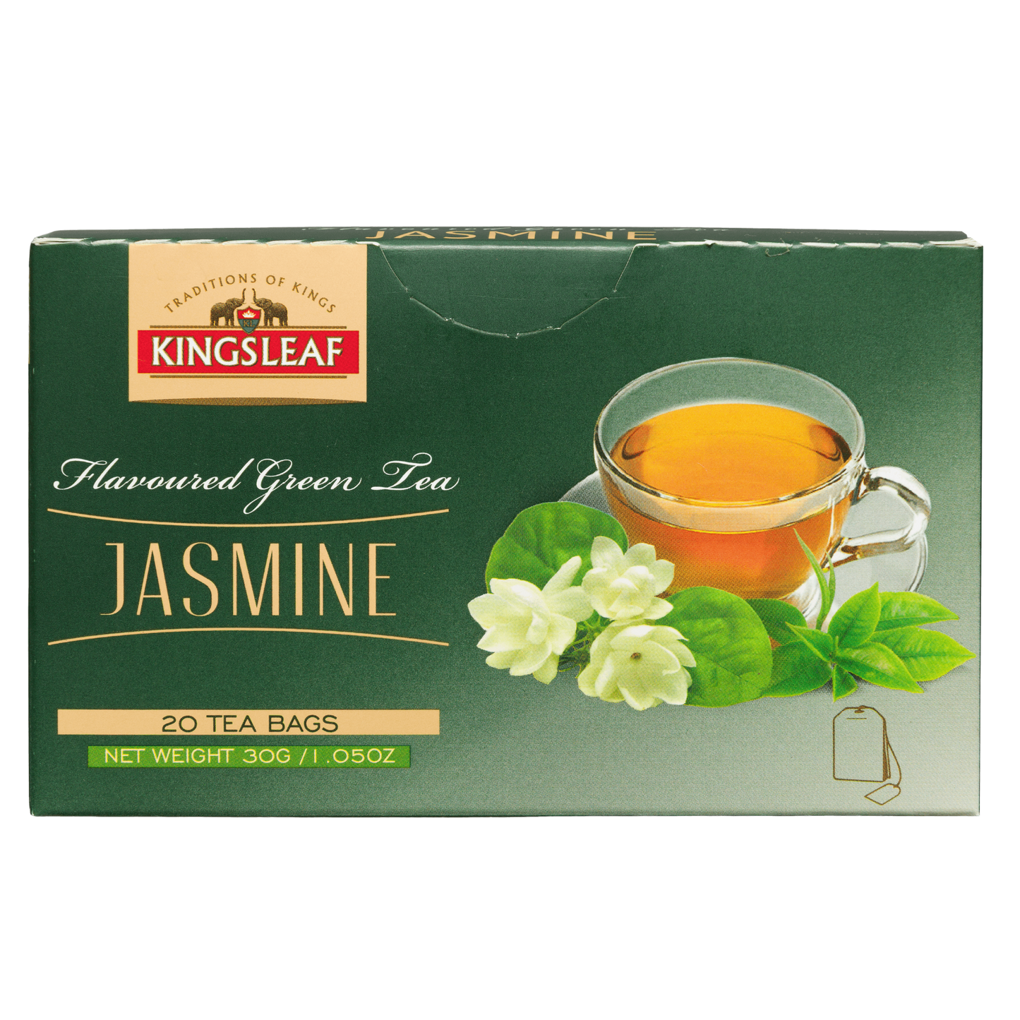 Front opakowania zielonej herbaty Kingsleaf Jasmine z filiżanką naparu i kwiatami jaśminu.