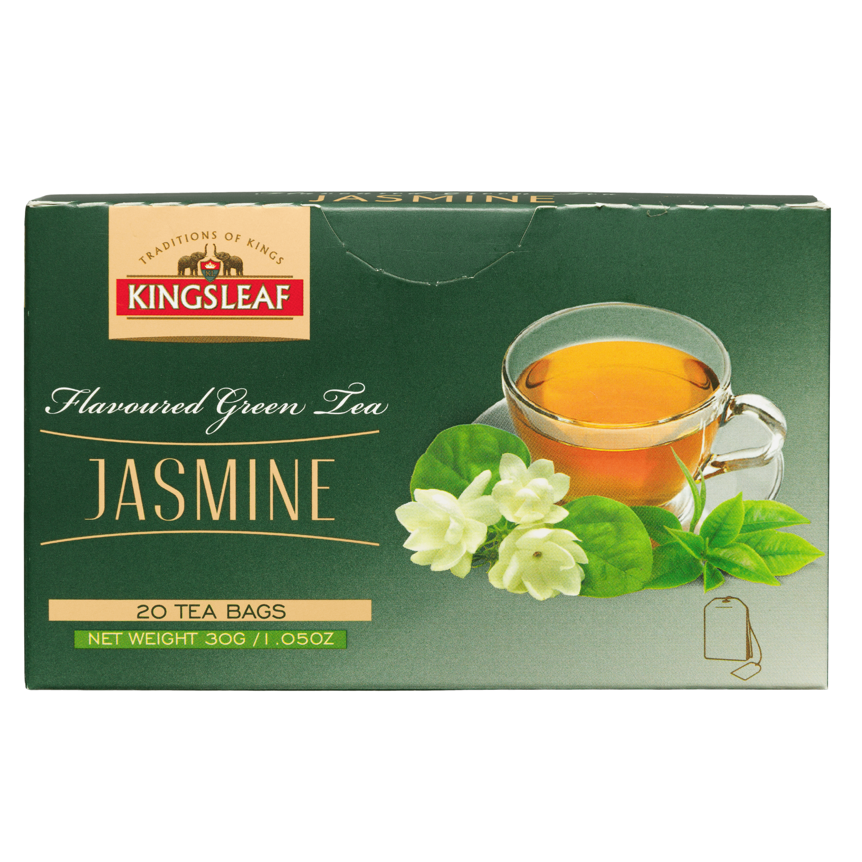Front opakowania zielonej herbaty Kingsleaf Jasmine z filiżanką naparu i kwiatami jaśminu.