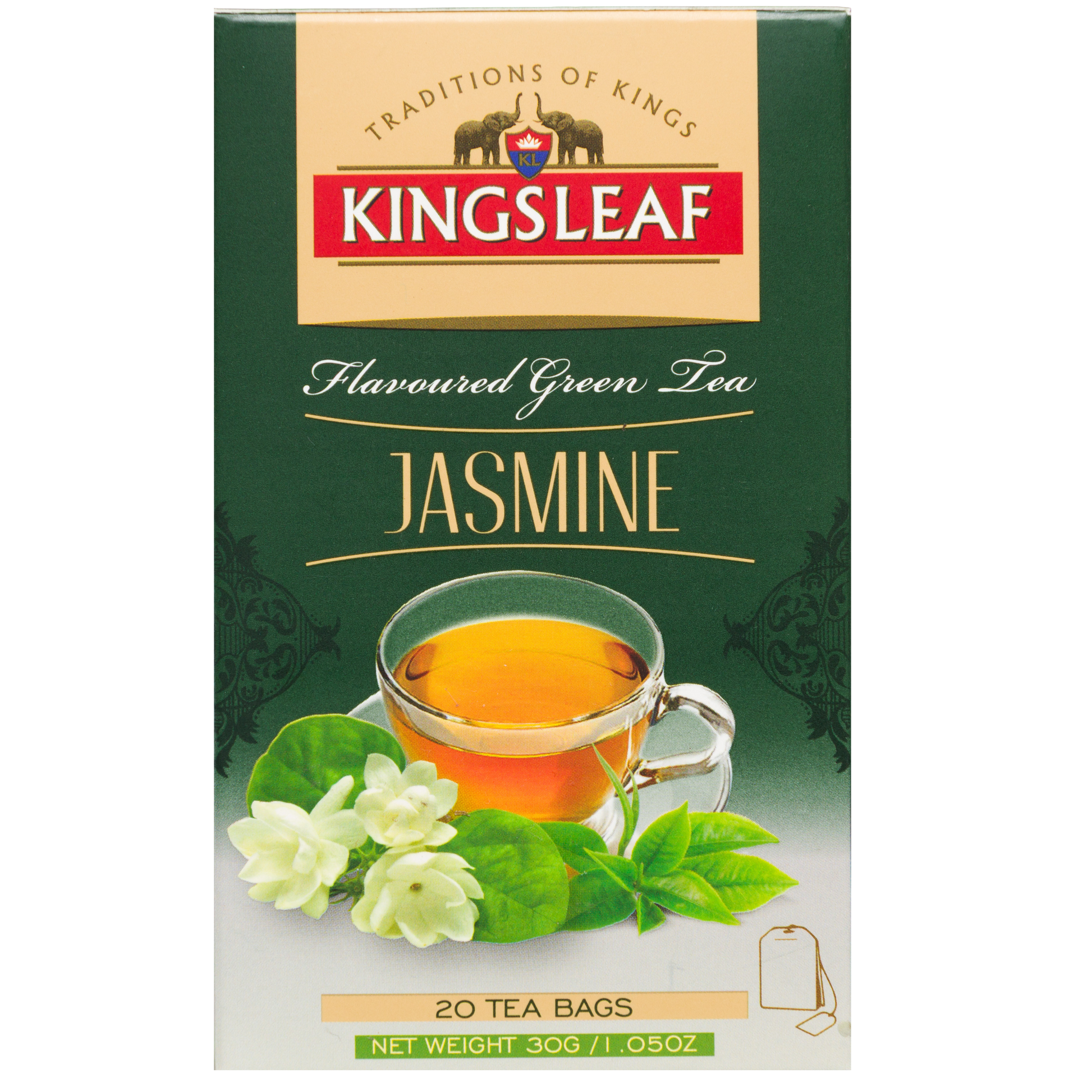 Zielona herbata Kingsleaf Jasmine 20 x 1,5 g, eleganckie opakowanie z motywem jaśminu.