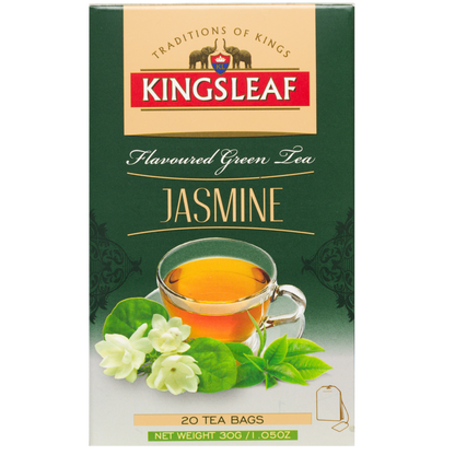 Zielona herbata Kingsleaf Jasmine 20 x 1,5 g, eleganckie opakowanie z motywem jaśminu.
