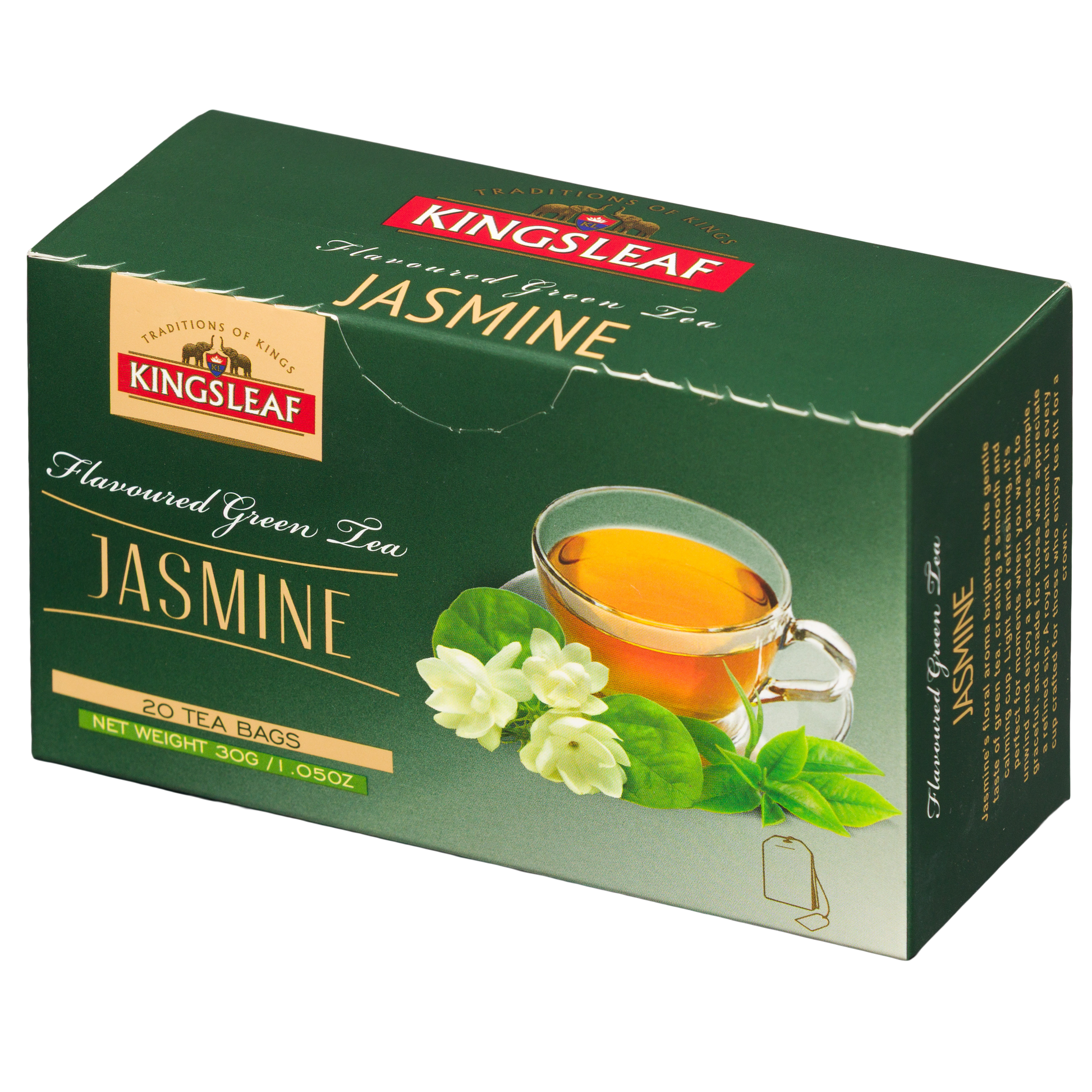 Pudełko herbaty zielonej Kingsleaf Jasmine w ujęciu perspektywicznym z filiżanką herbaty i kwiatami jaśminu.