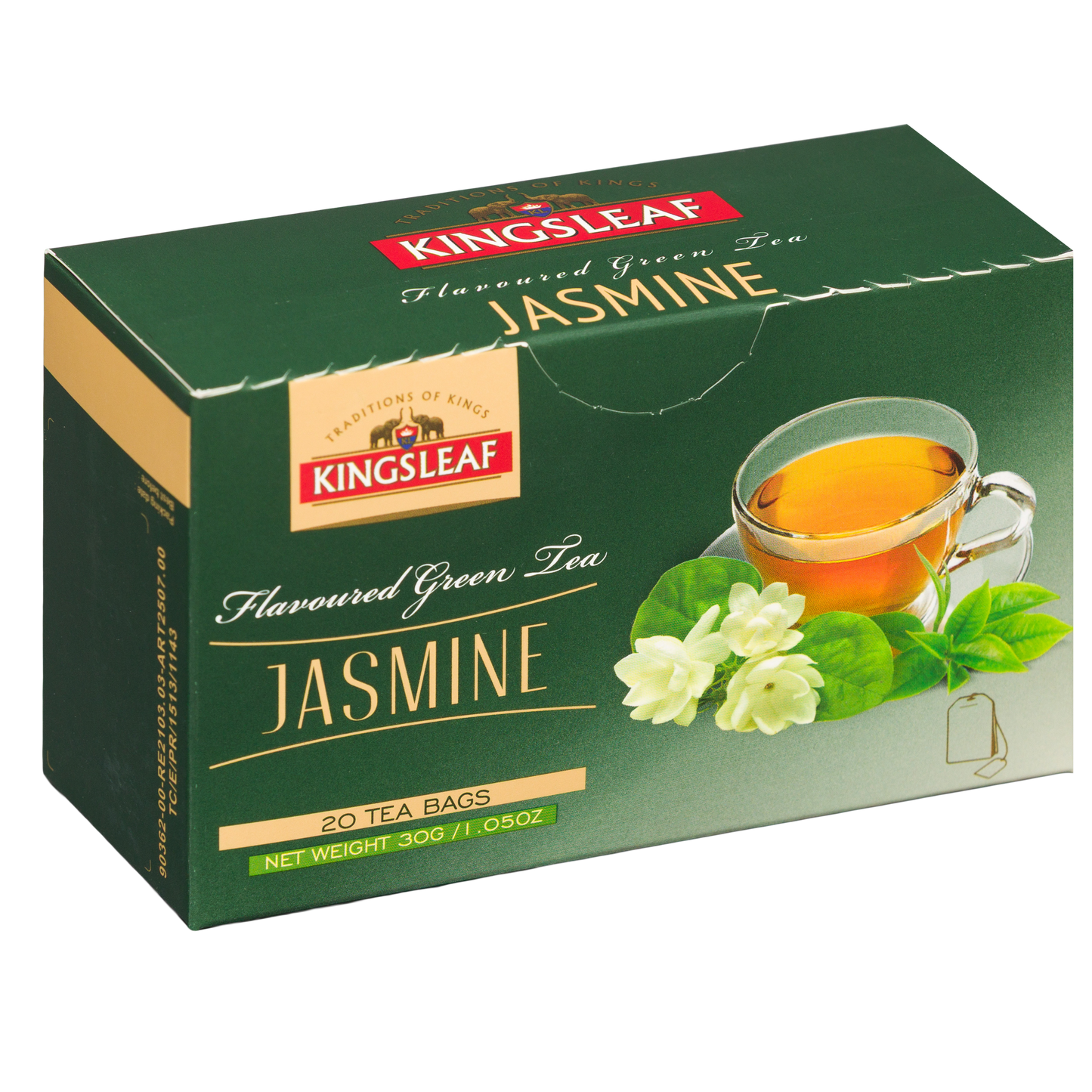 Herbata zielona Kingsleaf Jasmine 20 torebek, opakowanie z aromatem jaśminu na białym tle.
