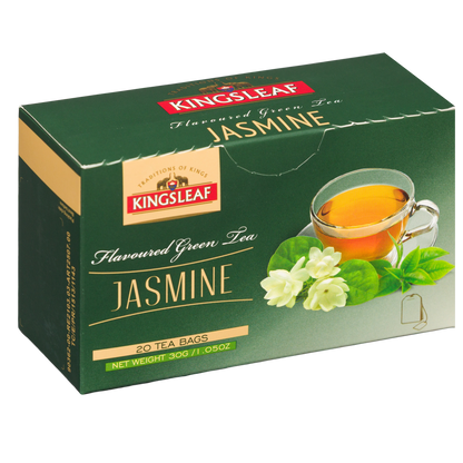 Herbata zielona Kingsleaf Jasmine 20 torebek, opakowanie z aromatem jaśminu na białym tle.