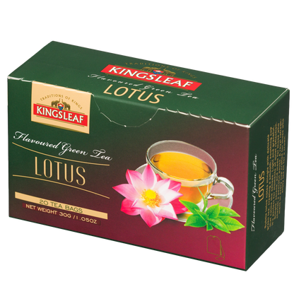 Poziome opakowanie herbaty Kingsleaf Lotus 20 tea bags z grafiką filiżanki, kwiatu lotosu i liści.