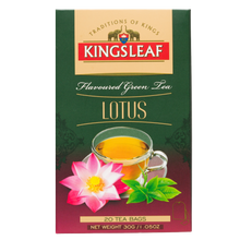 Pionowy front pudełka Kingsleaf Lotus Flavoured Green Tea, 20 tea bags, z grafiką filiżanki i lotosu.