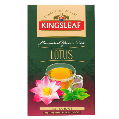 Pionowy front pudełka Kingsleaf Lotus Flavoured Green Tea, 20 tea bags, z grafiką filiżanki i lotosu.