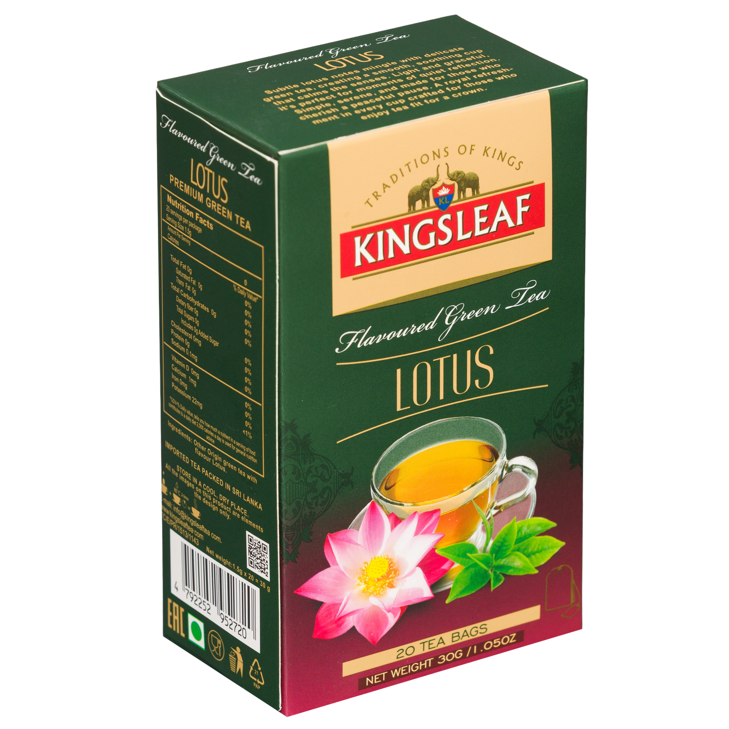 Opakowanie herbaty Kingsleaf Lotus w zielono-bordowym pudełku, widoczne z przodu i z boku