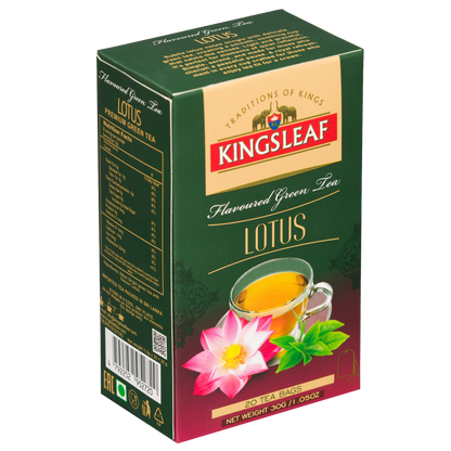 Opakowanie herbaty Kingsleaf Lotus w zielono-bordowym pudełku, widoczne z przodu i z boku