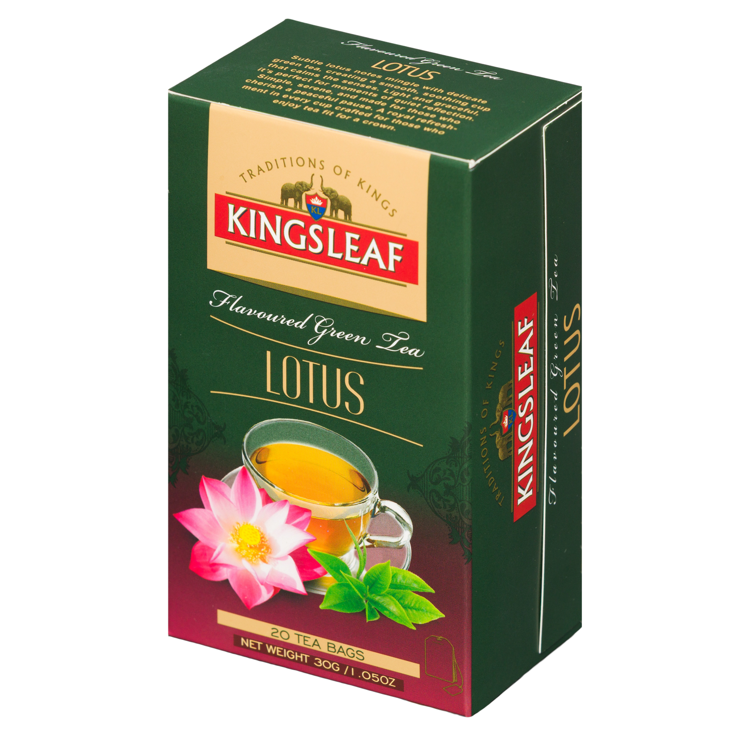 Zielono-bordowe pudełko herbaty Kingsleaf Lotus z grafiką filiżanki, kwiatu lotosu i liści.