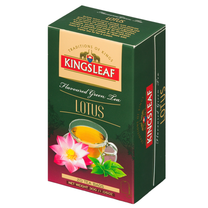 Zielono-bordowe pudełko herbaty Kingsleaf Lotus z grafiką filiżanki, kwiatu lotosu i liści.