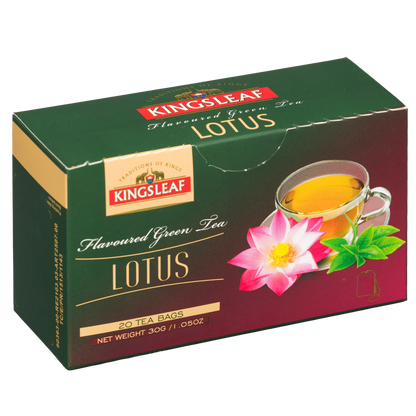 Kingsleaf Lotus zielona herbata z aromatem lotosu 20 saszetek opakowanie front.