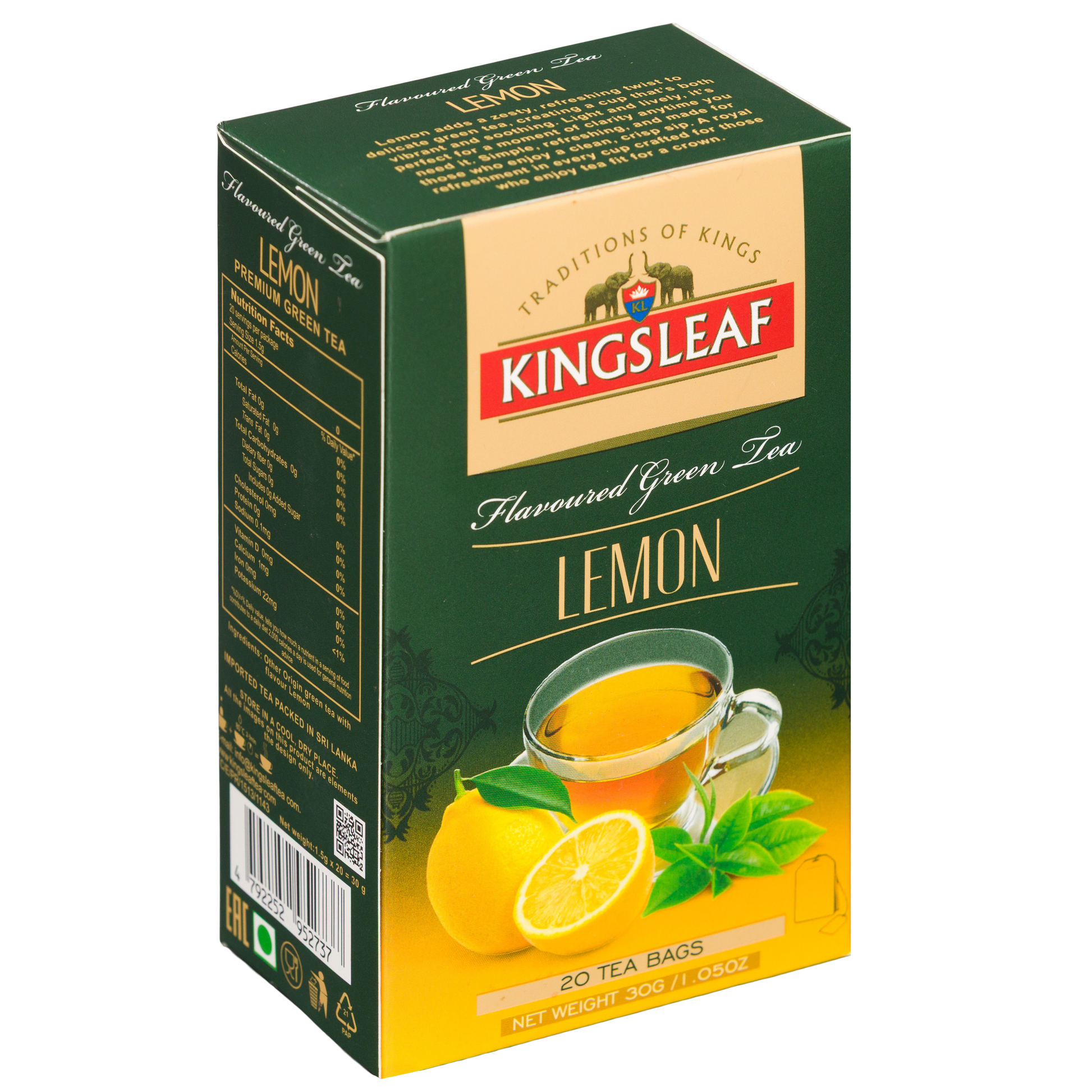 Herbata zielona Kingsleaf Lemon 20 tea bags, opakowanie z informacjami z boku i frontem z cytrynami oraz filiżanka.