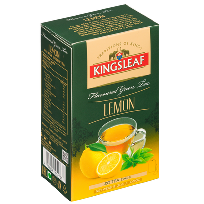 Herbata zielona Kingsleaf Lemon 20 tea bags, opakowanie z informacjami z boku i frontem z cytrynami oraz filiżanka.