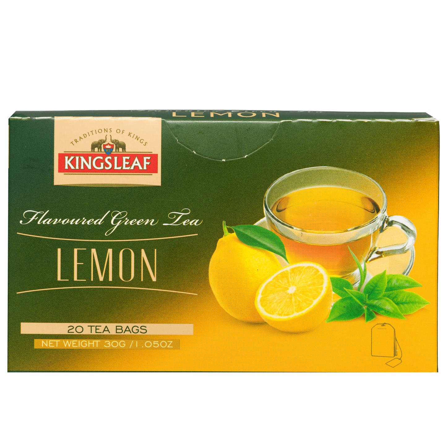 Kingsleaf Lemon zielona herbata z cytryna w torebkach, opakowanie 20 tea bags z motywem cytryn i filiżanki herbaty.