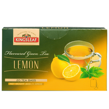 Kingsleaf Lemon zielona herbata z cytryna w torebkach, opakowanie 20 tea bags z motywem cytryn i filiżanki herbaty.