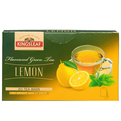 Kingsleaf Lemon zielona herbata z cytryna w torebkach, opakowanie 20 tea bags z motywem cytryn i filiżanki herbaty.
