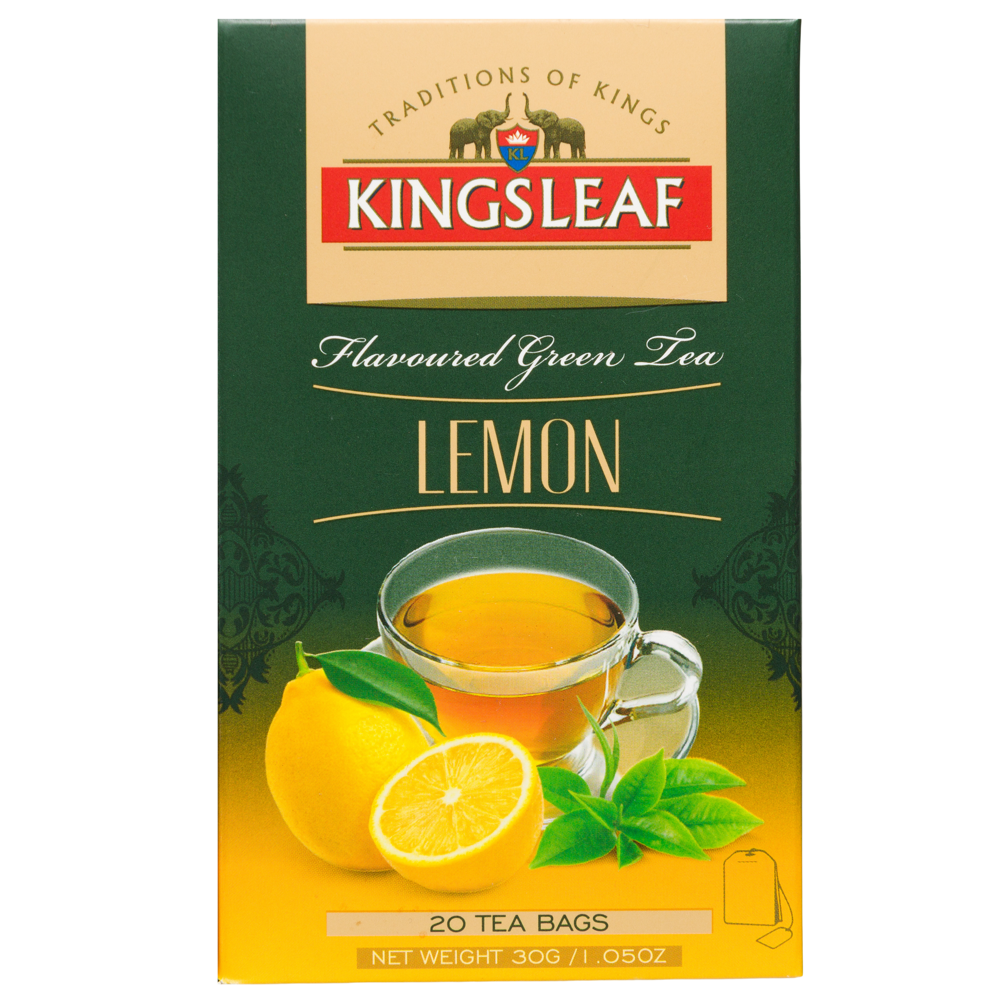 Opakowanie Kingsleaf Lemon flavoured green tea, zielona herbata cytrynowa w kopertach 20 x 1,5 g widok z przodu.