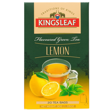 Opakowanie Kingsleaf Lemon flavoured green tea, zielona herbata cytrynowa w kopertach 20 x 1,5 g widok z przodu.
