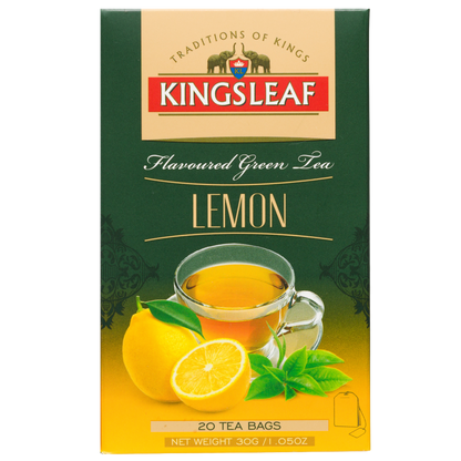 Opakowanie Kingsleaf Lemon flavoured green tea, zielona herbata cytrynowa w kopertach 20 x 1,5 g widok z przodu.
