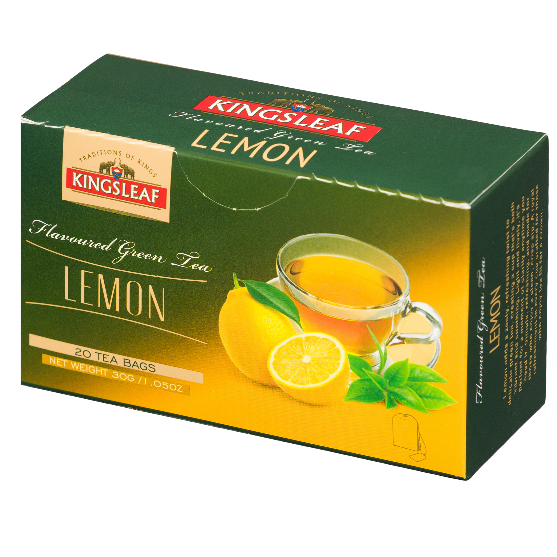 Kingsleaf Lemon herbata zielona aromatyzowana cytryna, kartonik z widocznym logo Kingsleaf i grafika cytryn.