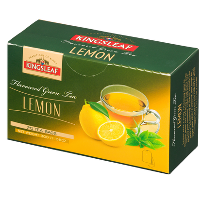 Kingsleaf Lemon herbata zielona aromatyzowana cytryna, kartonik z widocznym logo Kingsleaf i grafika cytryn.