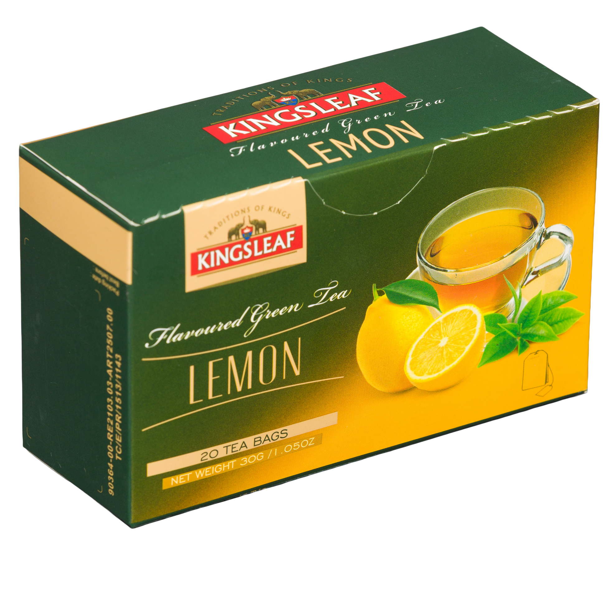 Zielona herbata Kingsleaf Lemon w torebkach, opakowanie pokazane pod katem z ilustracja filiżanki i swiezych cytryn.